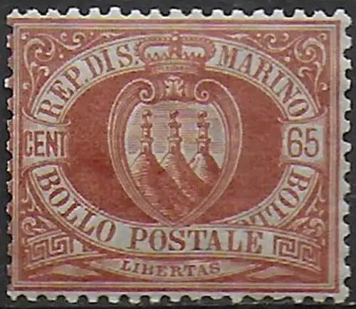 1894 San Marino stemma 65c. bruno rosso MNH Sassone n. 19