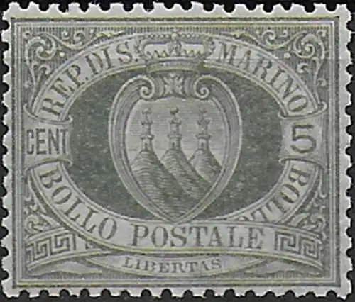 1892 San Marino stemma 5c. verde oliv. bc MNH Sassone n. 13