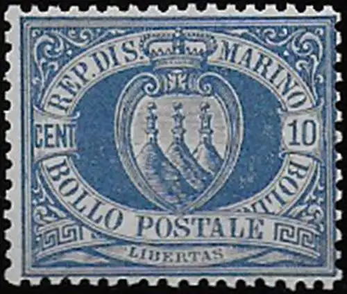 1877 San Marino Coat of Arms 10c. ultramarine MNH Sassone n. 3