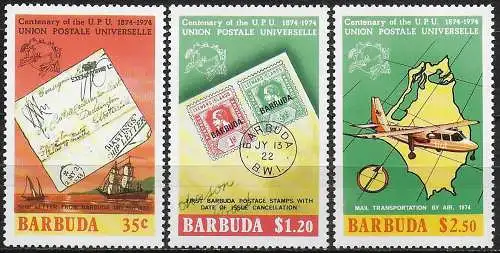 1974 Barbuda centenary of UPU 3v. MNH SG. n. 177/79