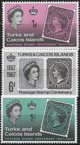 1967 Turks and Caicos postage stamp centenary 3v. MNH SG. n. 288/90