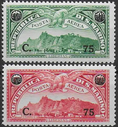 1936 San Marino airmail overprinted new value 2v. MNH Sassone n. 17/18