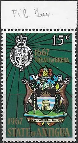 1967 Antigua Treaty of Breda 15c. variety MNH SG n. 206w