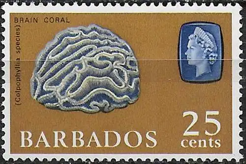 1966 Barbados Brain Coral 25c. deep ultr. yellow MNH SG n. 351b