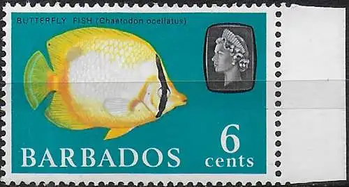 1965 Barbados Butterfly Fishrain 6c. W inverted MNH SG n. 327w