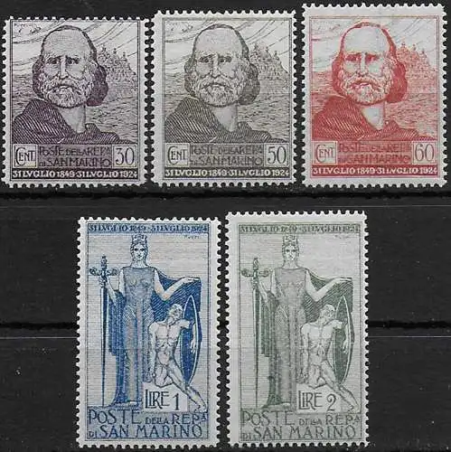 1924 San Marino Garibaldi 5v. MNH Sassone n. 98/102