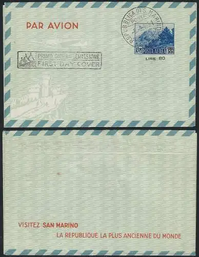 1951 San Marino Aerogramma monte Titano L. 80 su L. 55 US FDC Filagrano A6