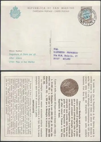 1969 San Marino cartoline postali Definitive L. 40 US Filagrano C39B