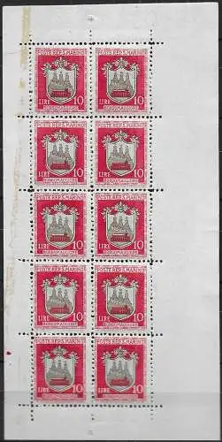 1945 San Marino Coat of Arms Lire 10 MS variety MNH Sassone n. 1a