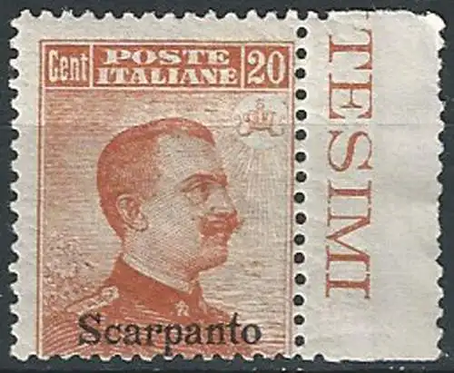 1917 Egeo Scarpanto 20c. arancio mc MNH Sassone n. 9