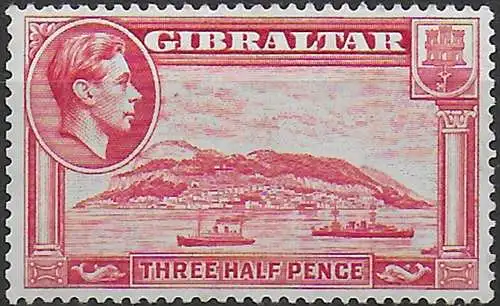 1938 Gibraltar George VI 1½d. carmine p. 13½ MNH SG n. 123a