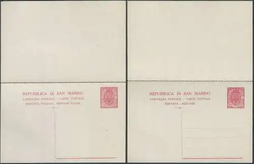 1925 San Marino cartoline postali Stemma 40c.+40c. rosa Filagrano C17A