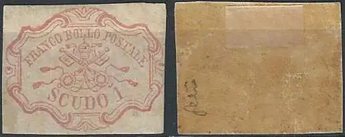 1852 Stato Pontificio 1 scudo rosa carminio MH Sassone n. 11