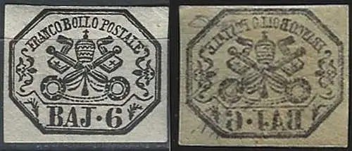 1864 Pontificio 6 baj grigio perla decalco MNH Sassone n. 7Aa