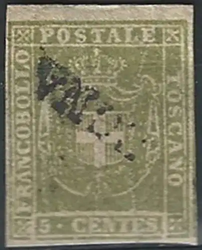 1860 Toscana 5c verde oliva giallastro cancelled Sassone n. 18b