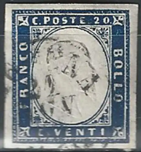 1862 Sardegna 20c. indaco 1v. cancelled Sassone n 15E