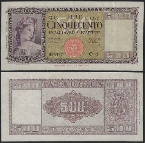 1947 Lire 500 Italia e spighe STP Rif BI 544 Alfa