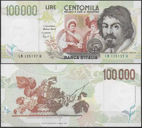 1995 Italia Lire 100.000 Caravaggio 2nd type FDS Rif. BI 85B Gigante