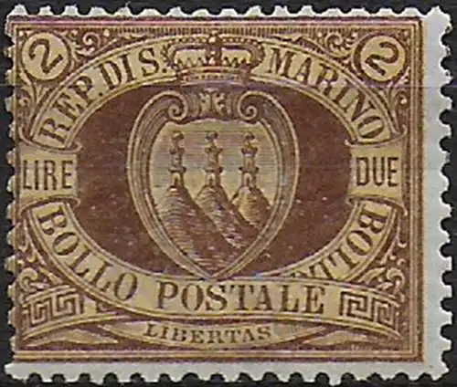 1894 San Marino Coat of Arms L. 2 brown on yellow MNH Sassone n. 21a