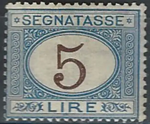 1874 Italia segnatasse Lire 5 azzurro bruno mc MNH Sassone n. 13