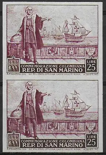 1952 San Marino Lire 25 Colombo coppia nd MNH Sassone n. 380c