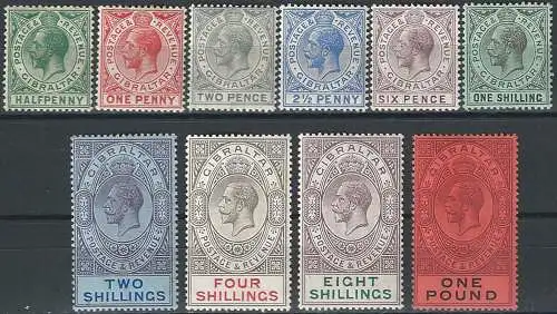 1912-24 Gibraltar George V 10v. MH SG n. 76/85