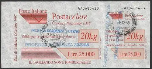 1998 Italia Postacelere L. 20.000 2 proroghe cancelled Sassone n. 9ab