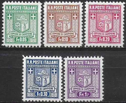 1944 Campione d'Italia Coat of Arms 5v. MNH Sassone n. 1/5