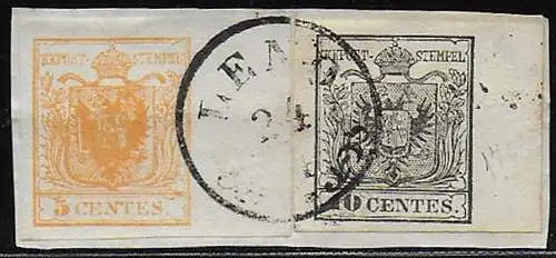 1850 Lombardo Veneto 5c.+10c. cancelled Sassone n. 1i+19a