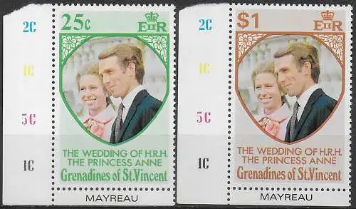 1973 Grenadines of St Vincent Mayreau Royal wedding 2v. MNH SG. n. 1/2