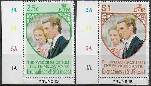 1973 Grenadines of St Vincent Prune Isl. Royal wedding 2v. MNH SG. n. 1/2