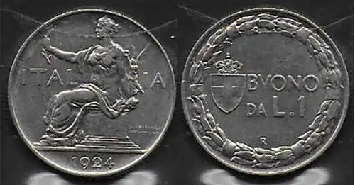 1924 Italia VE III Lire 1 Buono in nichelio qFDC