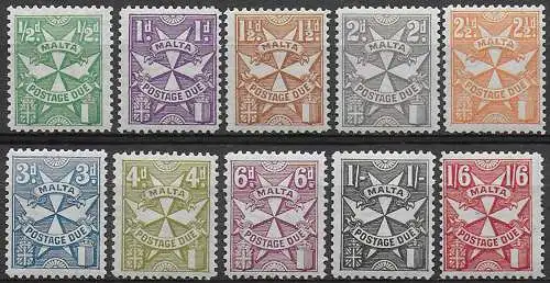 1925 Malta postage due Malta Cross 10v. MNH SG n. D11/20