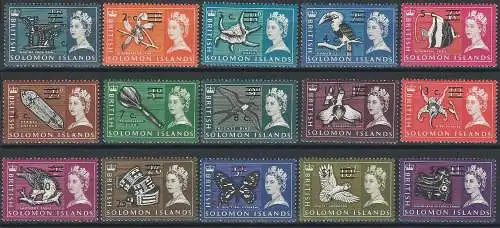 1966-67 British Solomon Islands new currency 15v. MNH SG n. 135A/52A