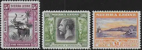 1933 Sierra Leone Wilbeforce 3v. MNH SG n. 178/80