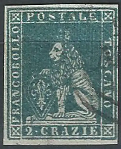 1851 Toscana 2cr. light blue green on grey used Sassone n. 5f