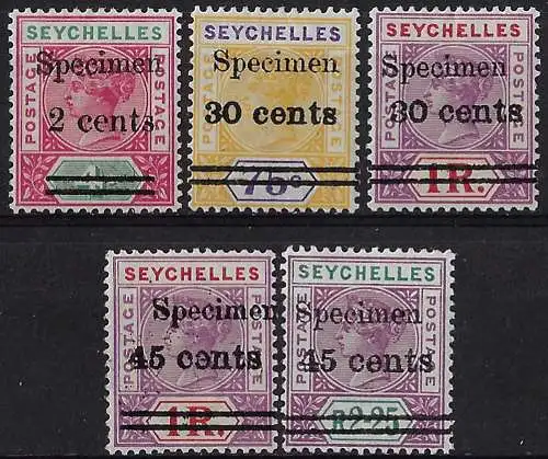 1902 Seychelles Queen Victoria 5v. specimen MH SG n. 41s/45s