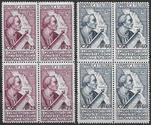 1954 Italia Vespucci quartina varietà MNH Sass n. 749I/50I