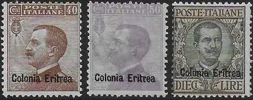 1916 Eritrea VE III Bust of the King mc. 3v. MNH Sassone n. 38/40