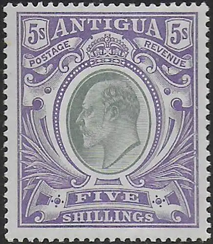 1903 Antigua Edward VII 5s. grey-green and violet MNH SG n. 40