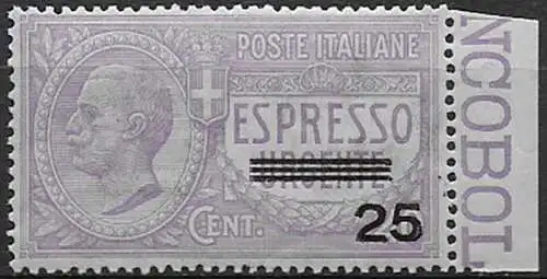 1917 Italia Espresso 25c. su 40c. violetto 1v. bc MNH Sassone n. 3