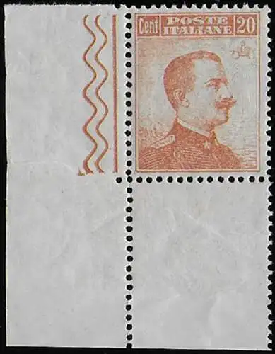 1916 Italia VE III 20c. arancio senza filigrana afc MNH Sassone n.107