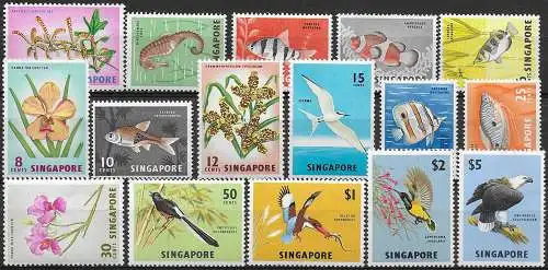 1962-66 Singapore birds, fish, flowers 15v. MNH SG. n. 63/77