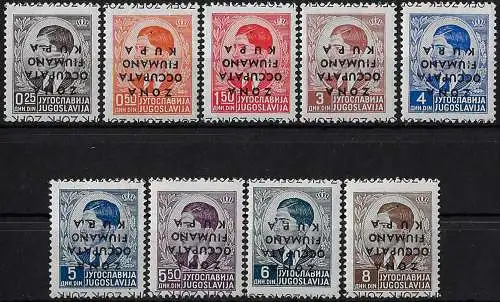 1941 Fiumano Kupa inverted overprint 9v. MNH Sassone n.1a/10a