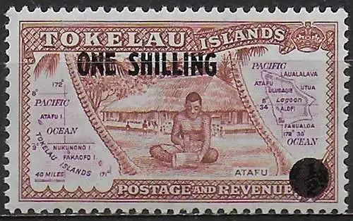 1956 Tokelau Islands 1s. on ½d. red-brown and purple MNH SG n. 5