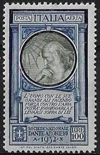 1932 Italia Dante aerea Lire 100 Leonardo MNH Sassone n. 41