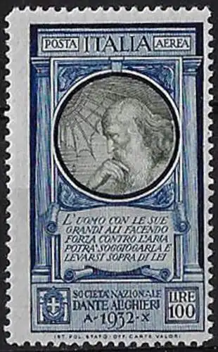 1932 Italia Dante aerea Lire 100 Leonardo mc MNH Sassone n. 41