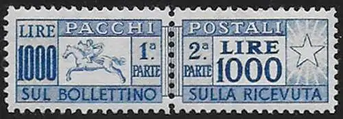 1954 Italia parcel post stamps Lire 1.000 Cavallino sup MNH Sassone n. 81/I