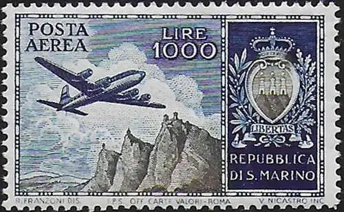 1954 San Marino L. 1000 Aereo airmail MNH Sassone n. 112