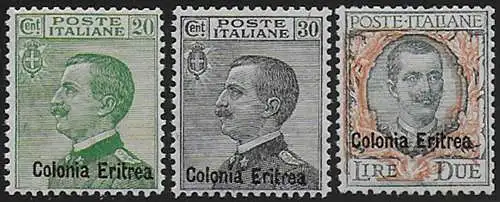 1925 Eritrea VE III overprinted 3v. bc MNH Sassone n. 93/95